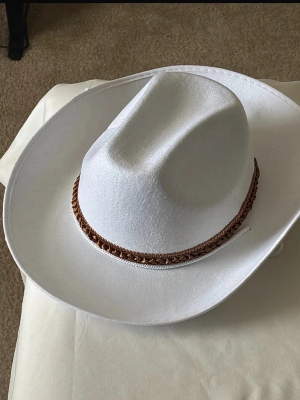 Women's White Costume Cowboy Hat with Brown Braided Band Non-sturdy